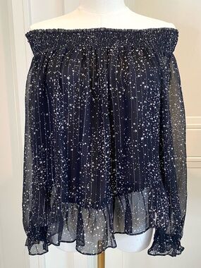 LoveShackFancy Silk Off Shoulder Blouse Black Print Blouse Size 2 Roomy